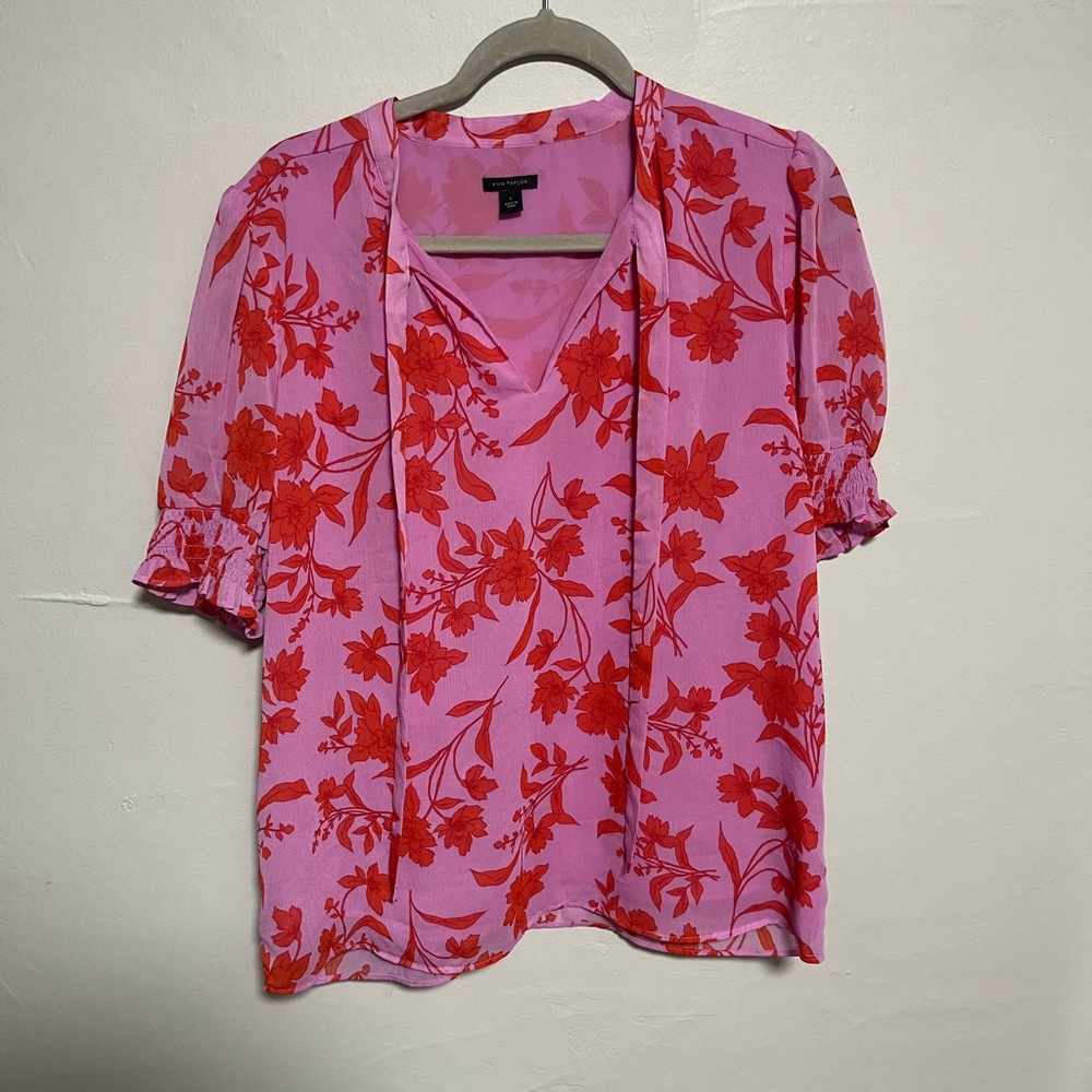 Ann Taylor Pink and Red Floral Blouse